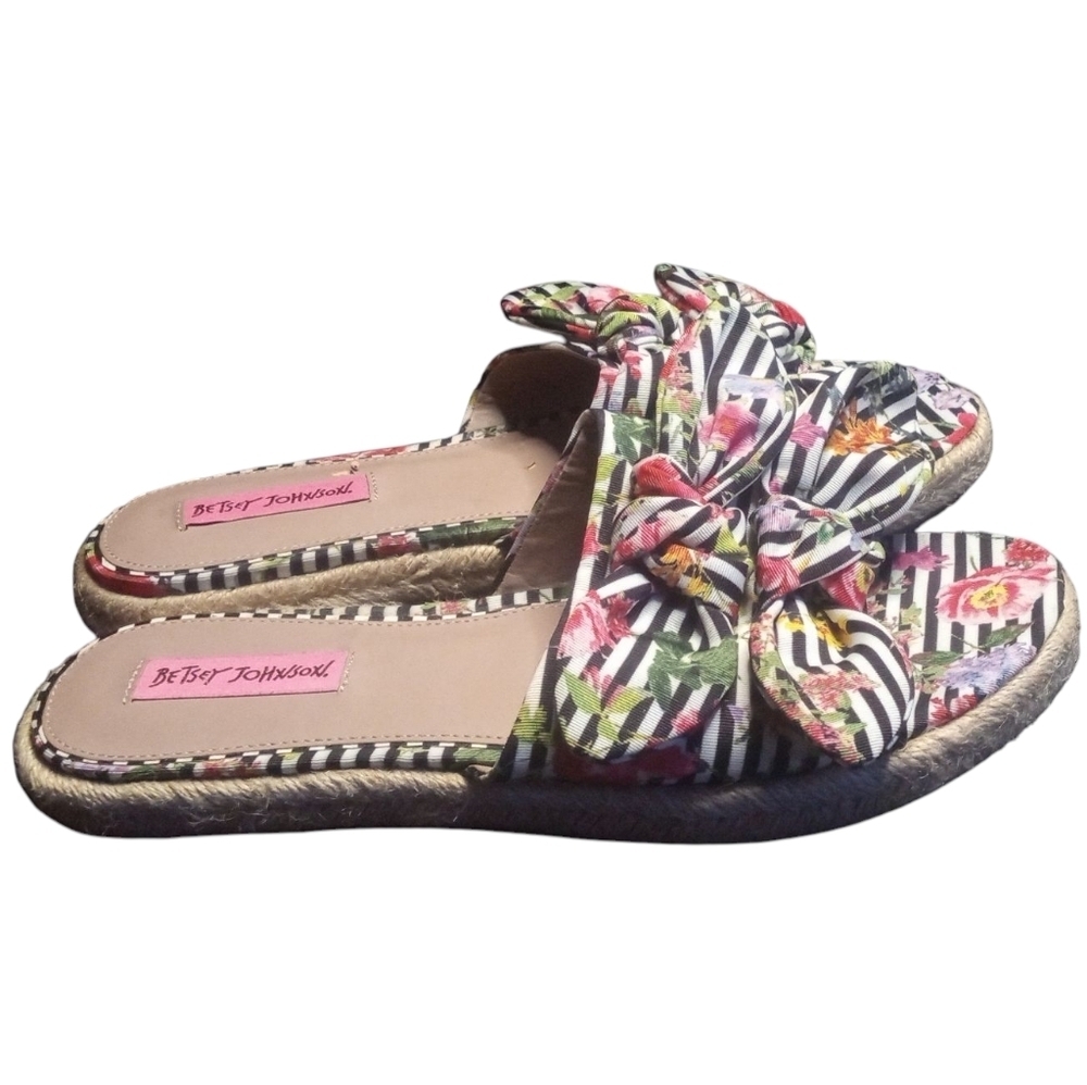 Betsey Johnson Jazzy Slide Striped Floral Bow Espadrille‎ Sandals Size 10 - Picture 2 of 7